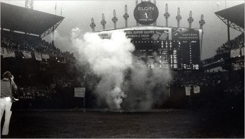 Records blown up in front of Comiskey Park Scoreboard